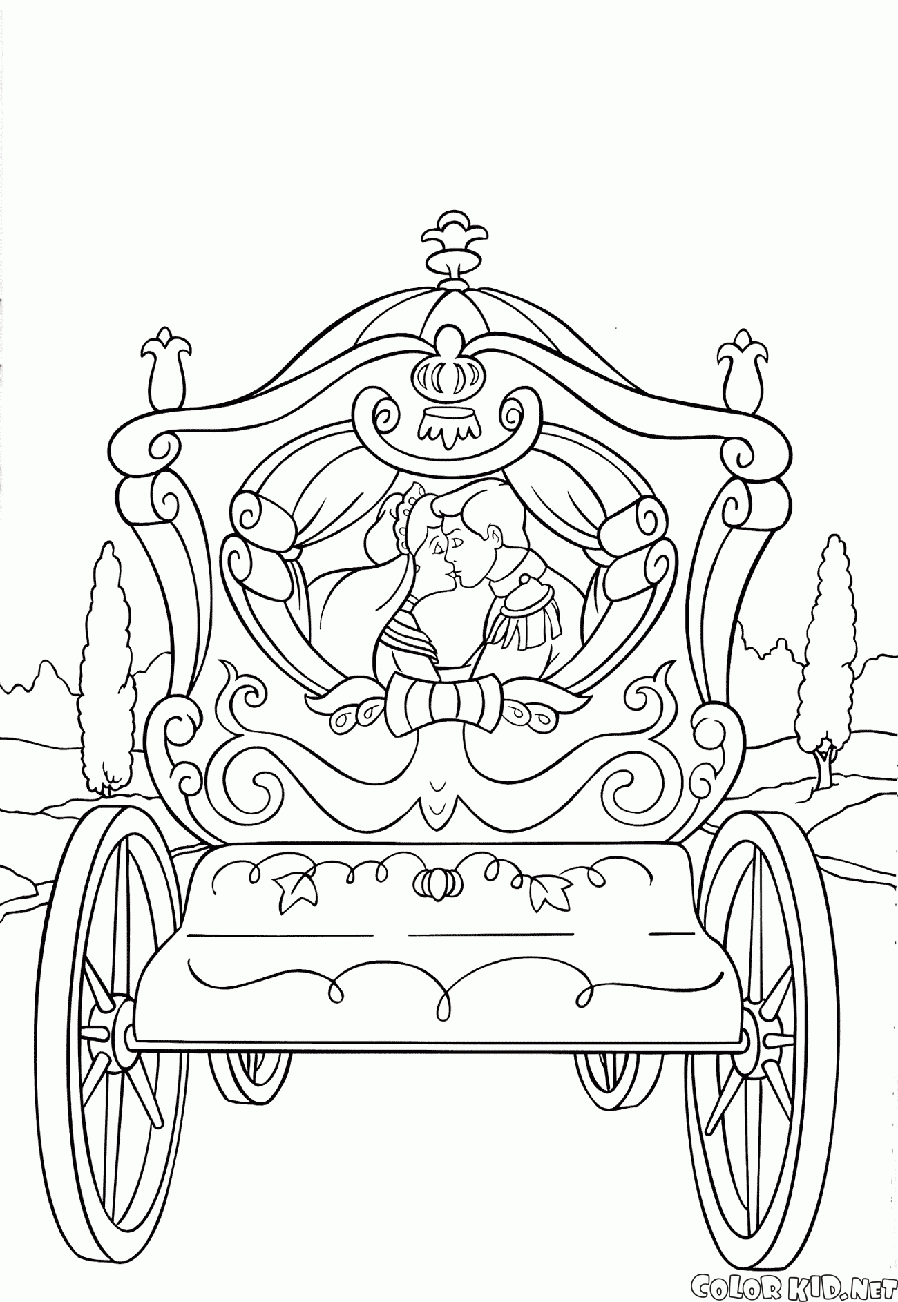 Aschenputtel und der Prinz in einem Wagen